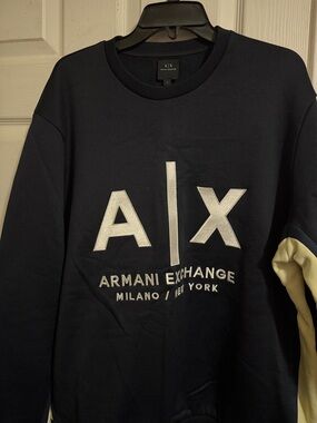 Armani Exchange Navy Blue Sweatshirt with White Logo and Cream Accent